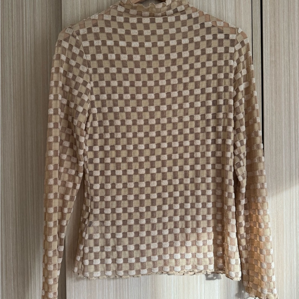 Find Me Now Cream and Brown Checkered Long Sleeve Top Semi Sheer
